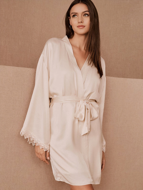 Robe de Chambre Manches Amples en Satin pour Femme "Kimono Blanc" | Pyjama Shop