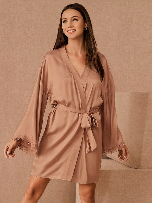 Robe de Chambre Manches Amples en Satin pour Femme "Kimono Champagne" | Pyjama Shop