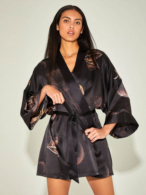 Robe de Chambre en Satin pour Femme "Floral Noir" | Pyjama Shop