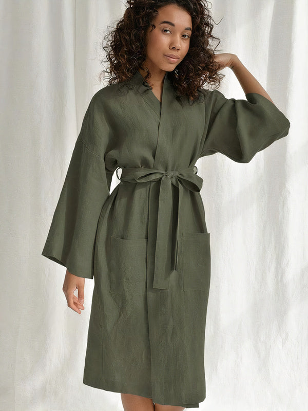 Robe de Chambre Double Poches à Manches Amples en Coton pour Femme "Khaki" | Pyjama Shop
