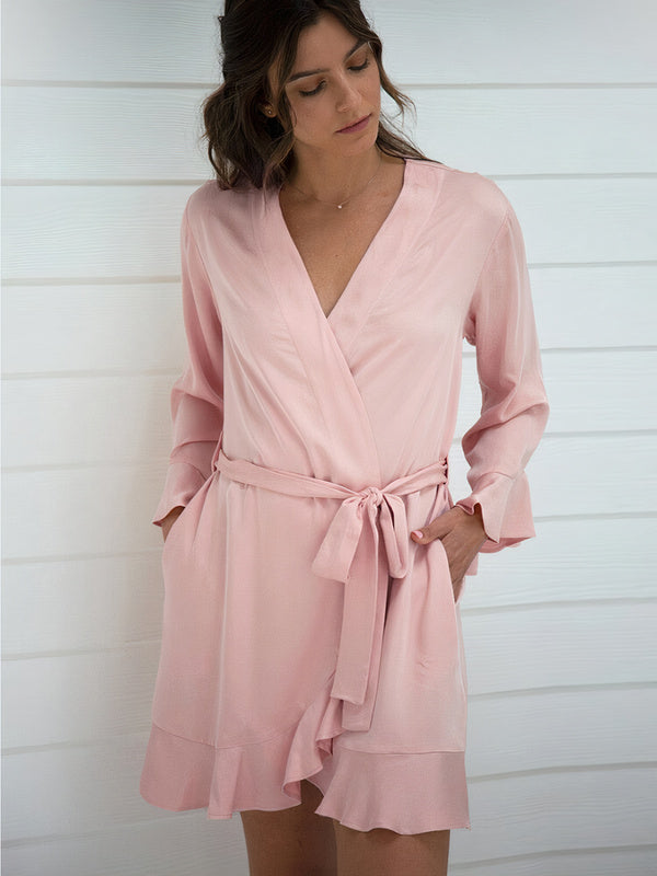 Robe de chambre femme à volants en satin "Rose" | Pyjama Shop