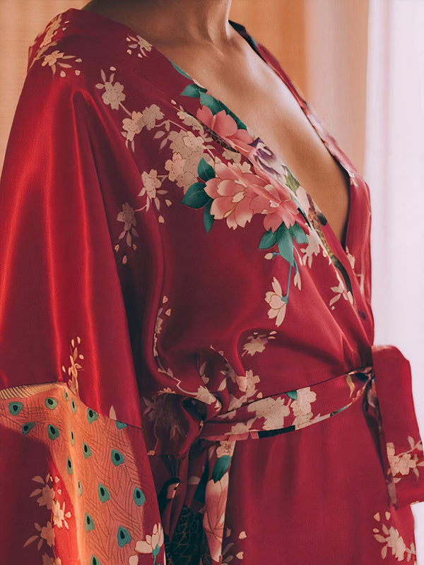 Robe de Chambre en Satin pour Femme "Floral Rouge" | Pyjama Shop