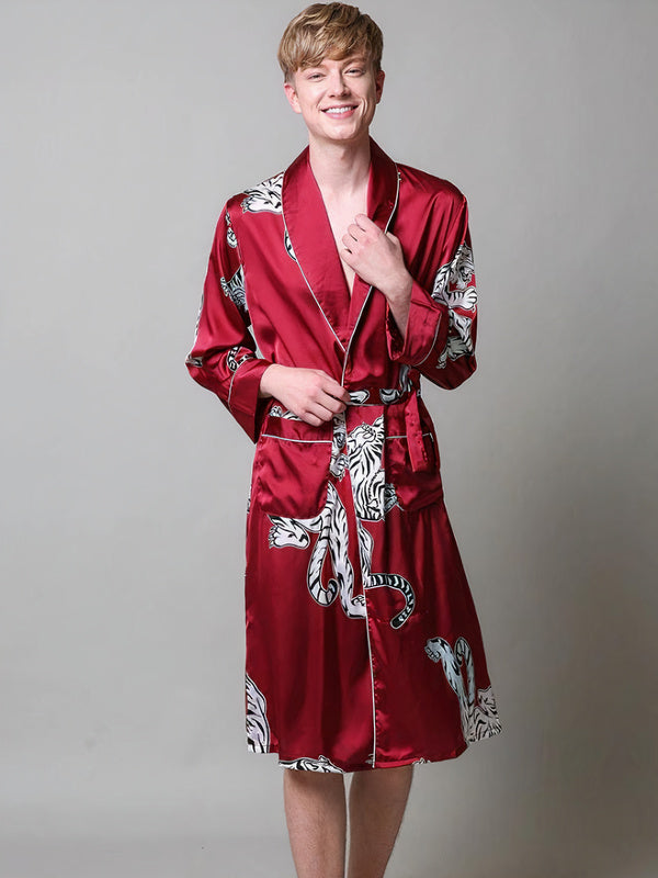 Robe de Chambre en Satin pour Homme Imprimé Tigre "Rouge" | Pyjama Shop