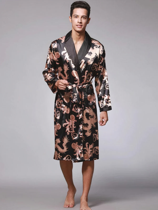 Robe de Chambre en Satin pour Homme Imprimé Dragon "Noir" | Pyjama Shop