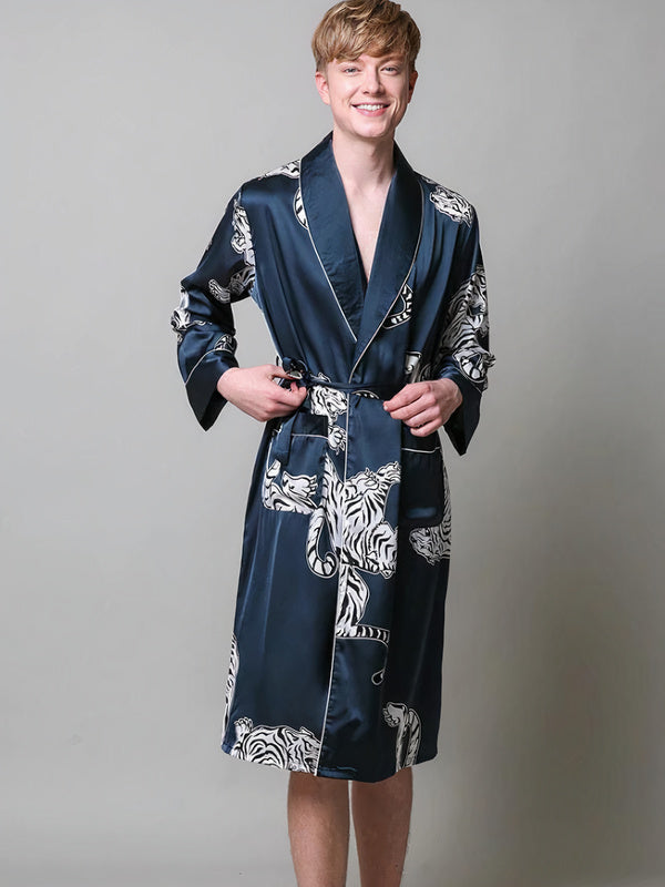 Robe de Chambre en Satin pour Homme Imprimé Tigre "Bleu Marine" | Pyjama Shop